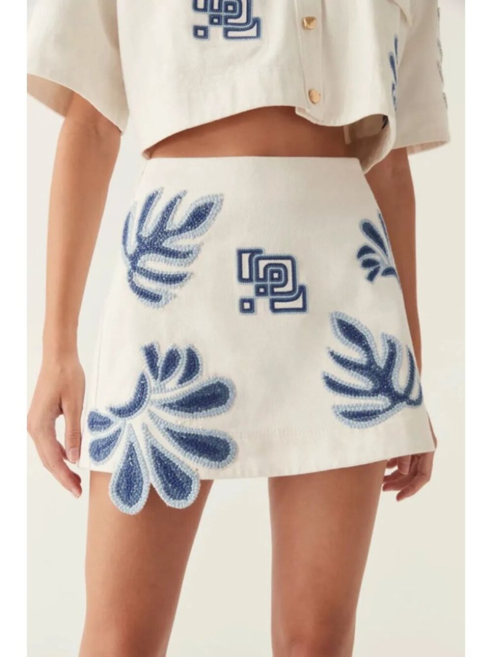 Aje Esprit Embroidered Mini Skirt White Blue Patchwork Appliqué Size 6 NWOT